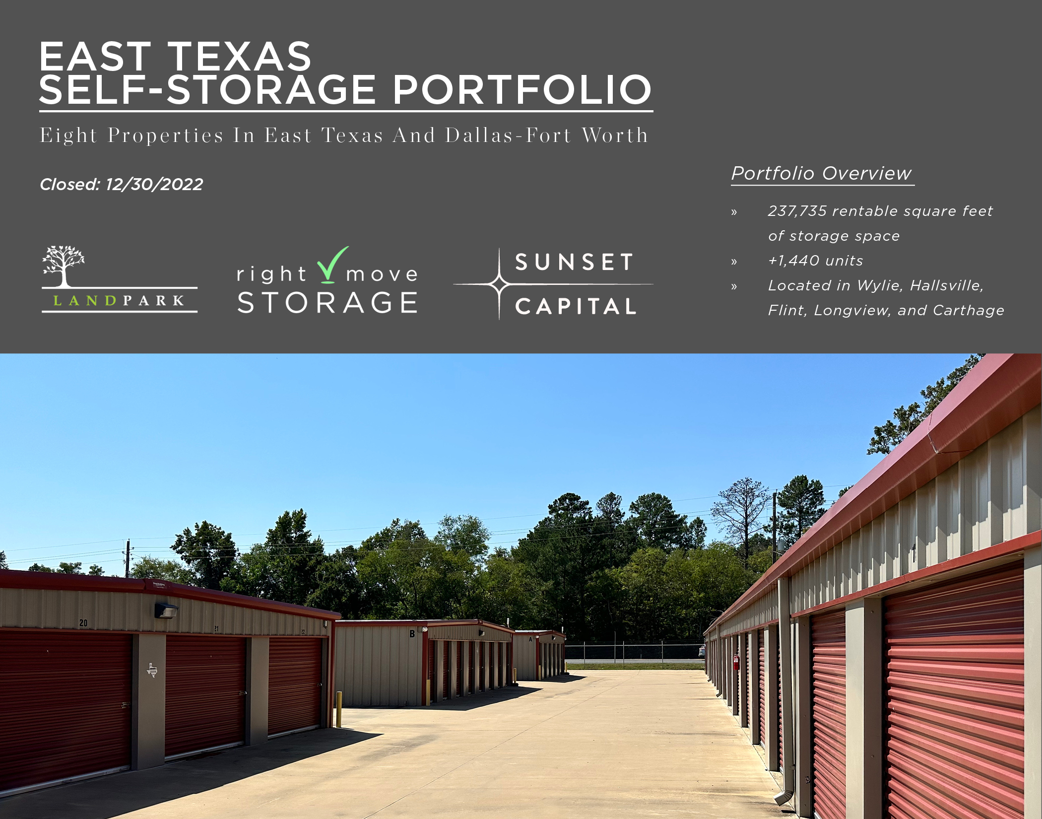 LANDPARK ADVISORS ACQUIRES EIGHT PROPERTY SELF- STORAGE PORTFOLIO IN EAST TEXAS